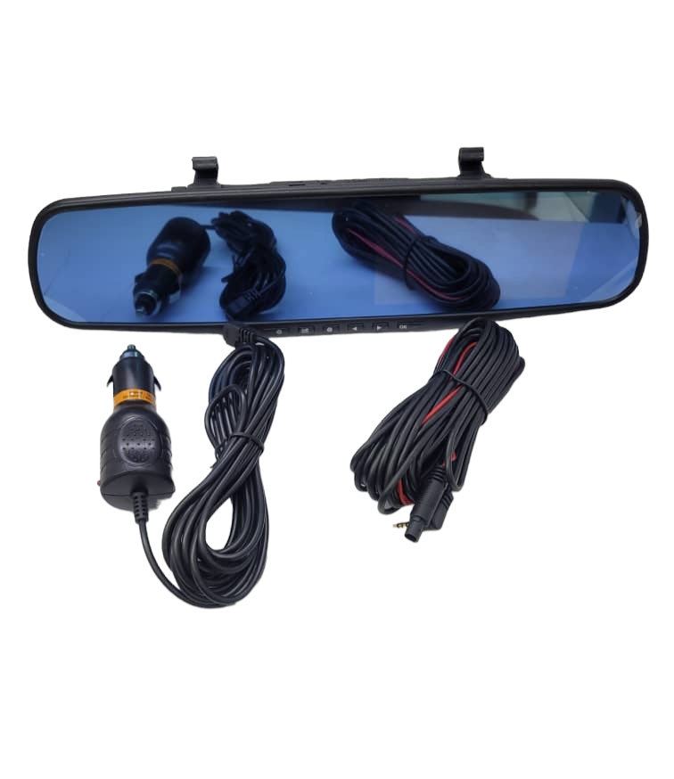 Car mirror with 2 cameras, parking capability and event recording